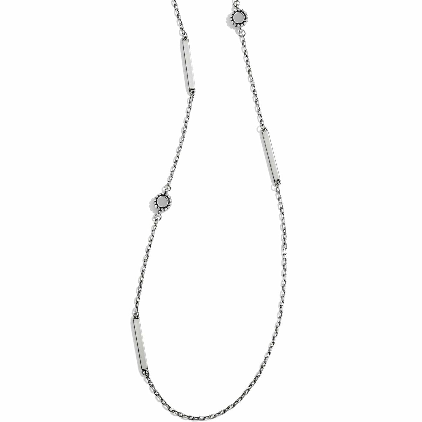 Brighton silver-plated station necklace with polished bars and beaded circular accents on a white background