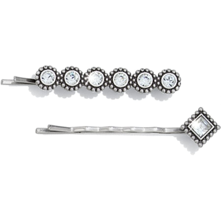 Brighton silver-plated bobby pin set with round crystals and a square crystal accent on a white background