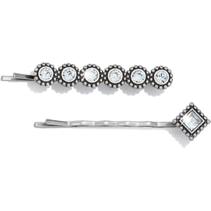 Brighton silver-plated bobby pin set with round crystals and a square crystal accent on a white background