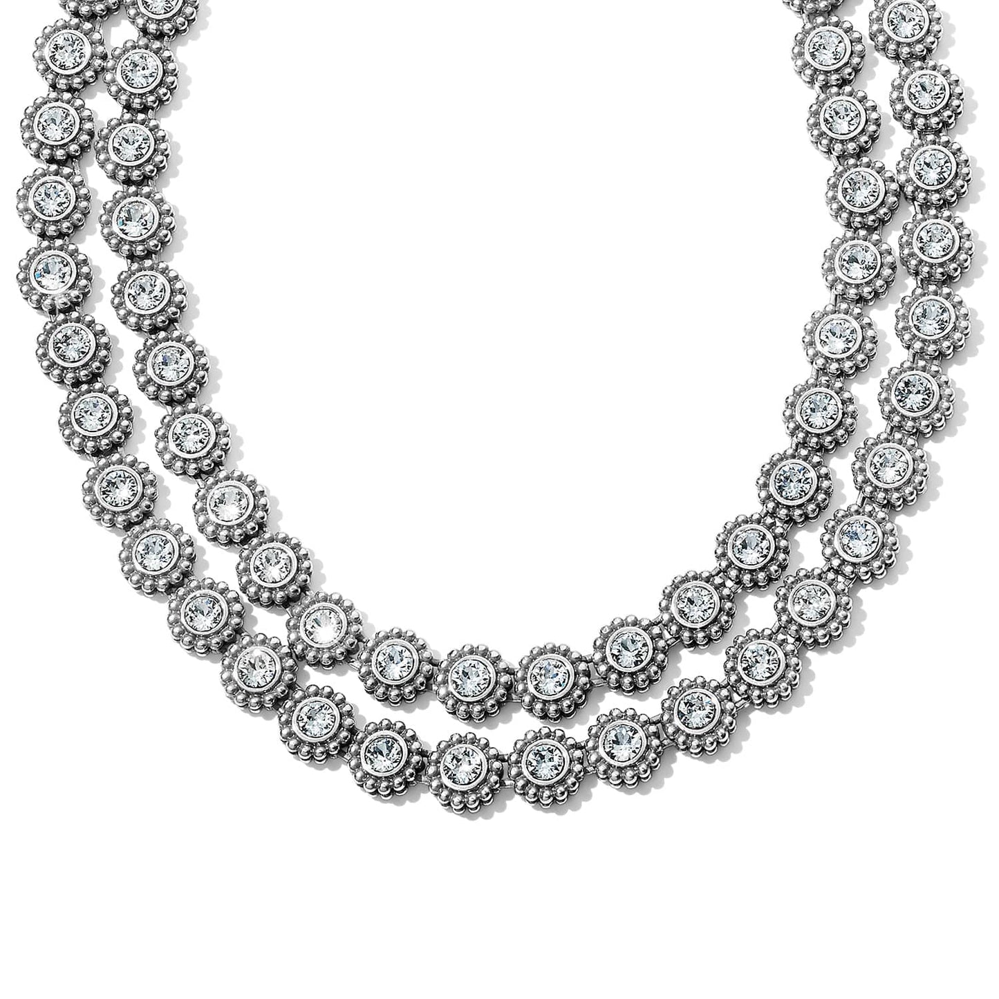 Brighton double-strand necklace with silver-plated beaded rosette links and fine quality crystals on a white background