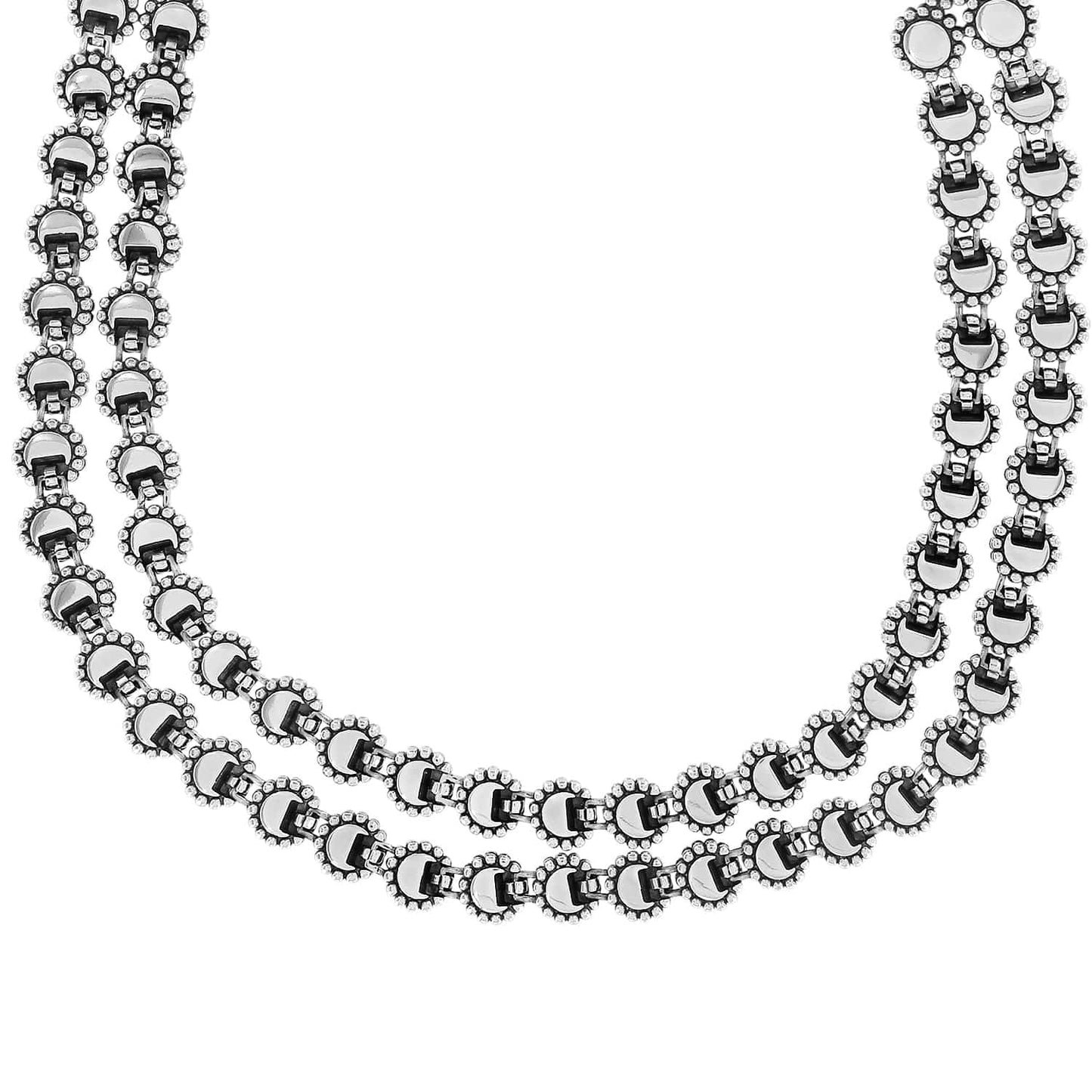 Brighton double-strand necklace with silver-plated beaded circular links in an ornate repeating pattern on a white background