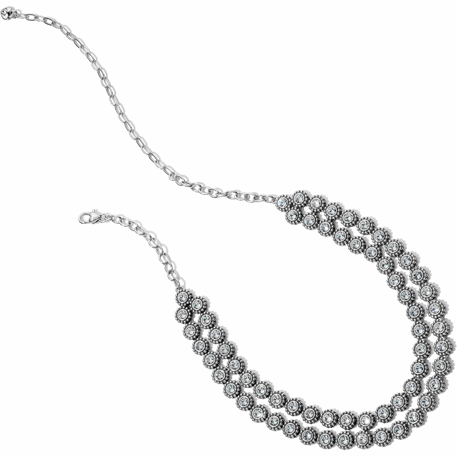 Brighton silver-plated necklace and bracelet set with crystal floral links and chain extenders on a white background