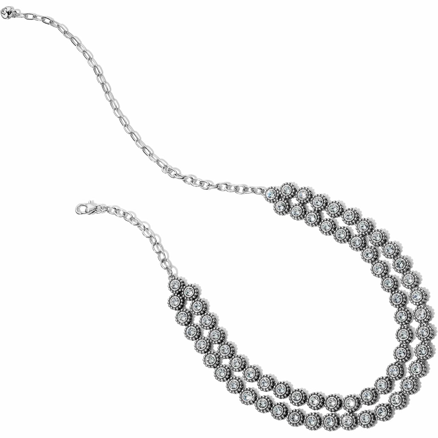 Brighton silver-plated necklace and bracelet set with crystal floral links and chain extenders on a white background