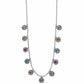 Brighton silver-plated beaded chain necklace with multicolored crystal droplets in beaded bezel settings on a white background