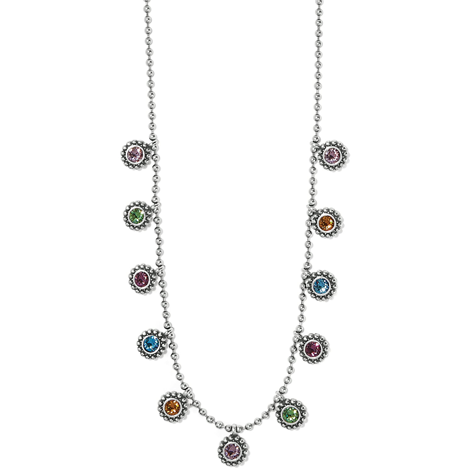 Brighton silver-plated beaded chain necklace with multicolored crystal droplets in beaded bezel settings on a white background