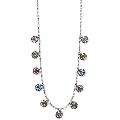 Brighton silver-plated beaded chain necklace with multicolored crystal droplets in beaded bezel settings on a white background