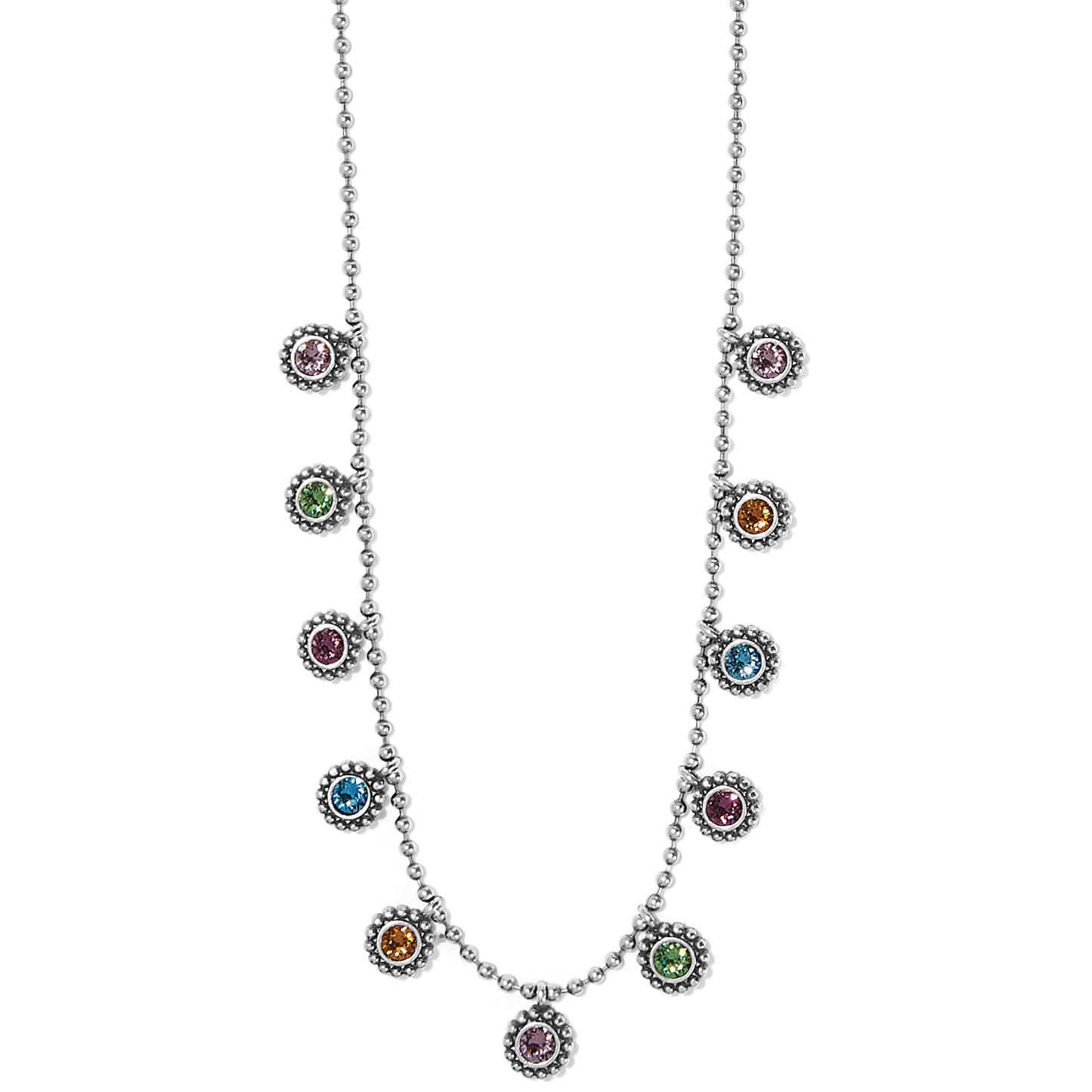 Brighton silver-plated beaded chain necklace with multicolored crystal droplets in beaded bezel settings on a white background