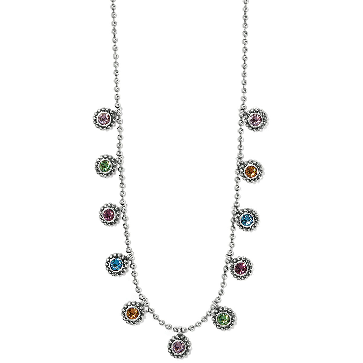 Brighton silver-plated beaded chain necklace with multicolored crystal droplets in beaded bezel settings on a white background