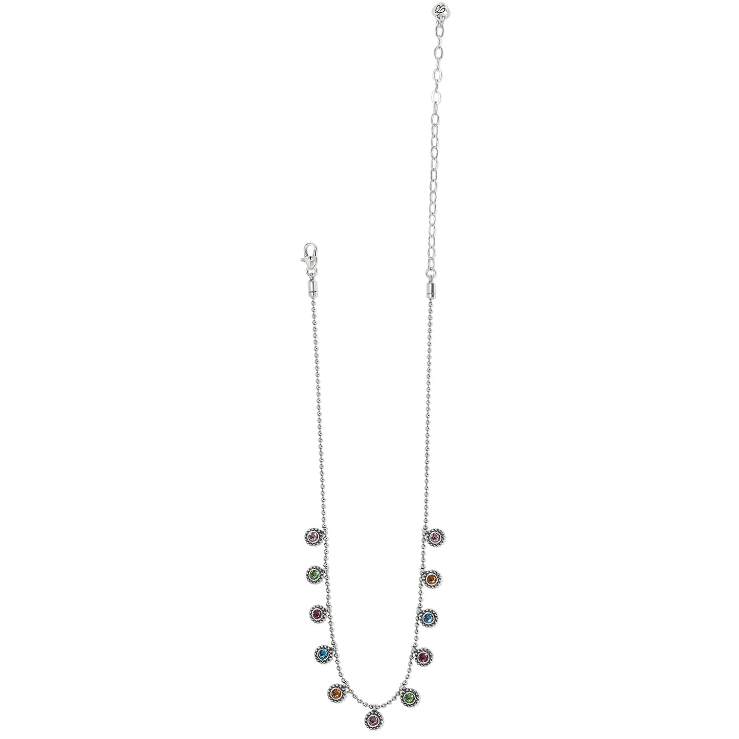 Brighton silver-plated necklace with multicolored crystal charms and beaded chain on a white background