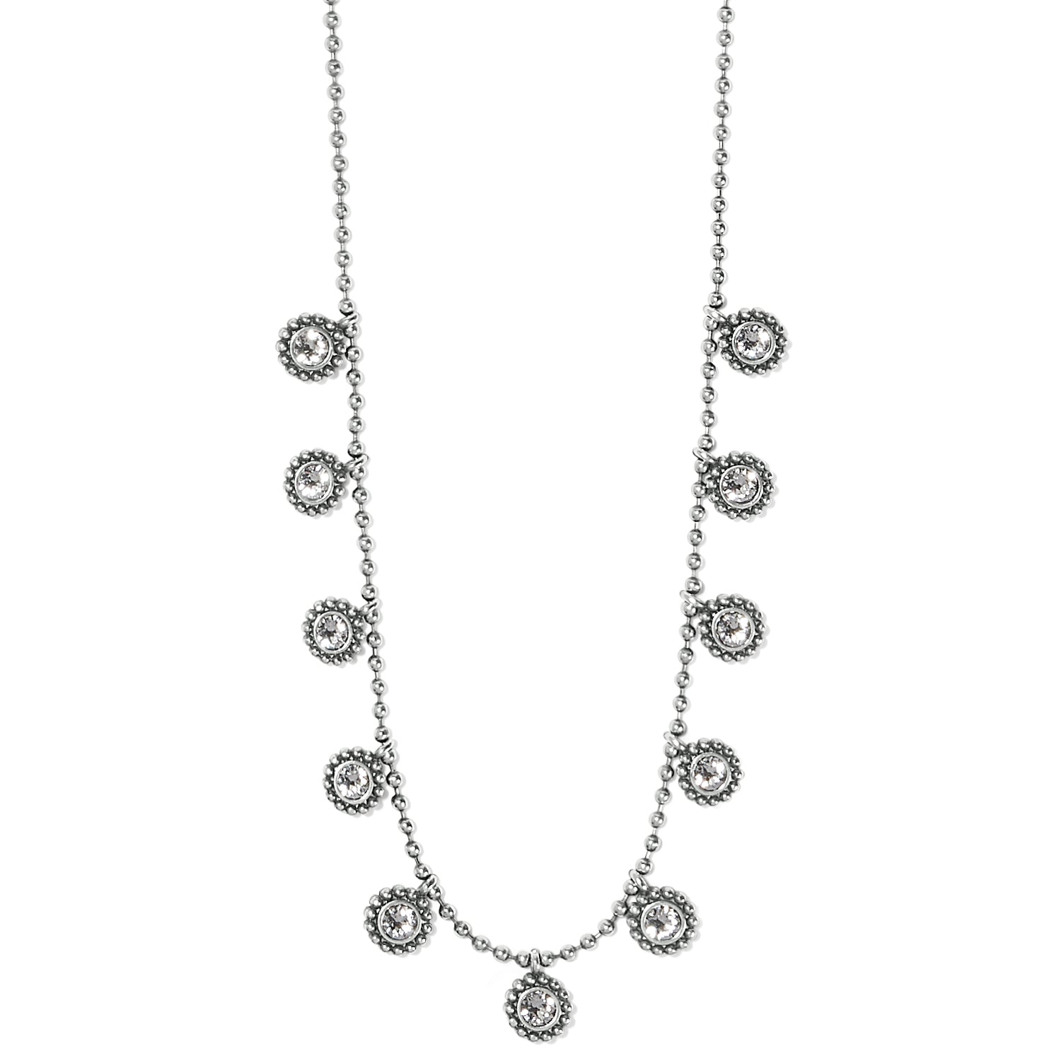 Brighton necklace with silver-plated beaded chain and crystal floral station accents spaced along the strand on a white background