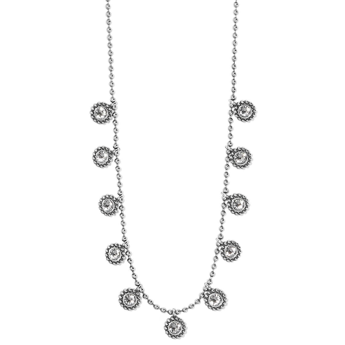 Brighton necklace with silver-plated beaded chain and crystal floral station accents spaced along the strand on a white background