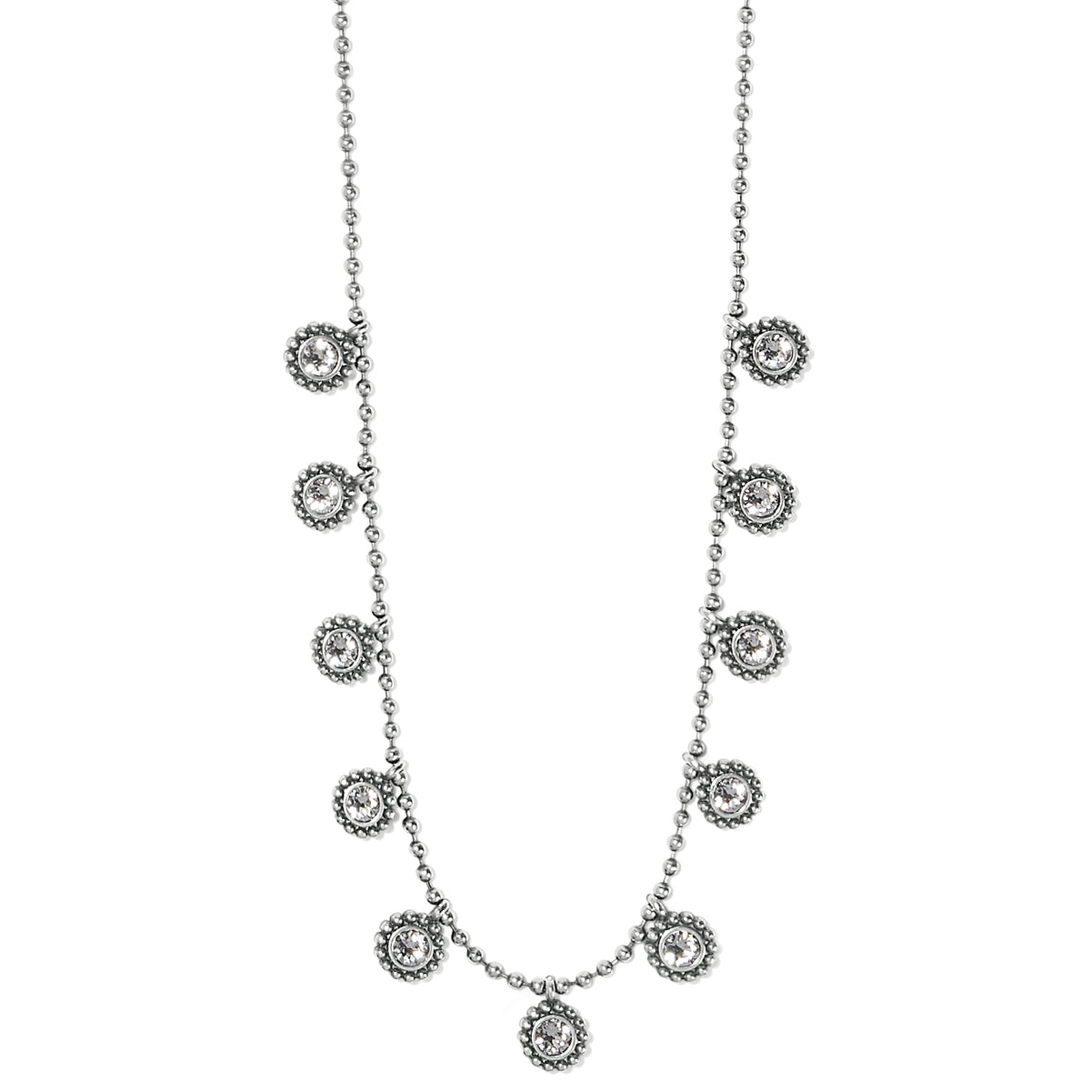 Brighton necklace with silver-plated beaded chain and crystal floral station accents spaced along the strand on a white background