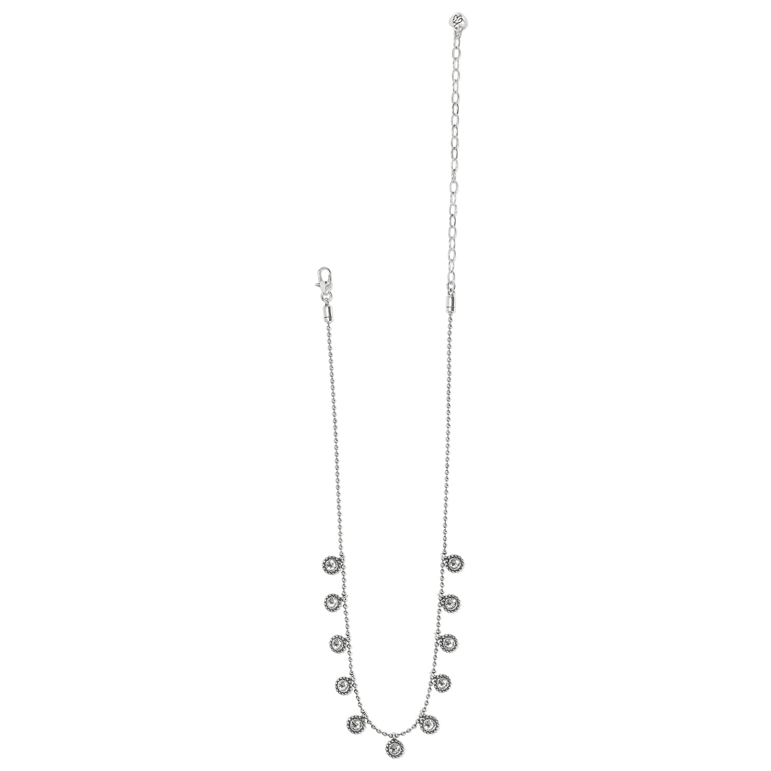 Brighton silver-plated necklace with beaded chain and crystal droplet accents along the front on a white background