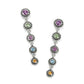 Brighton drop earrings with multicolored crystals in silver-plated beaded floral settings on a white background