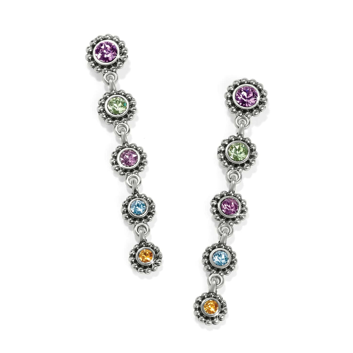 Brighton drop earrings with multicolored crystals in silver-plated beaded floral settings on a white background