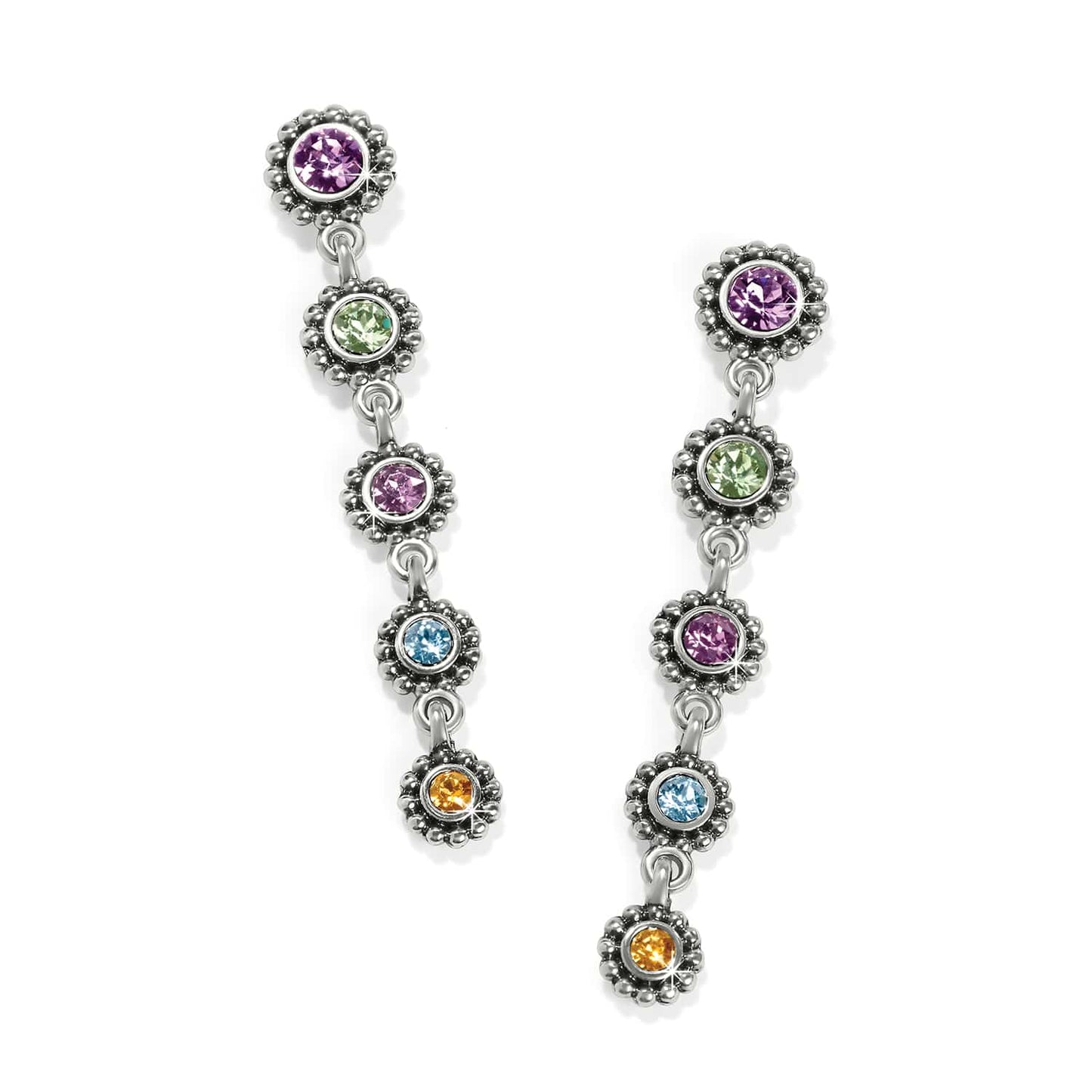 Brighton drop earrings with multicolored crystals in silver-plated beaded floral settings on a white background