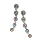 Brighton drop earrings with multicolored crystals in silver-plated beaded bezels linked in a cascade on a white background
