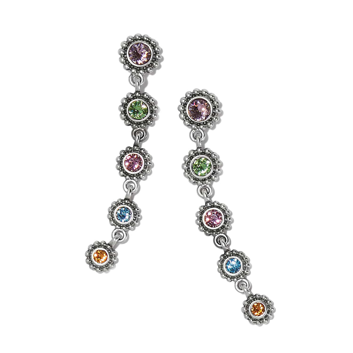 Brighton drop earrings with multicolored crystals in silver-plated beaded bezels linked in a cascade on a white background