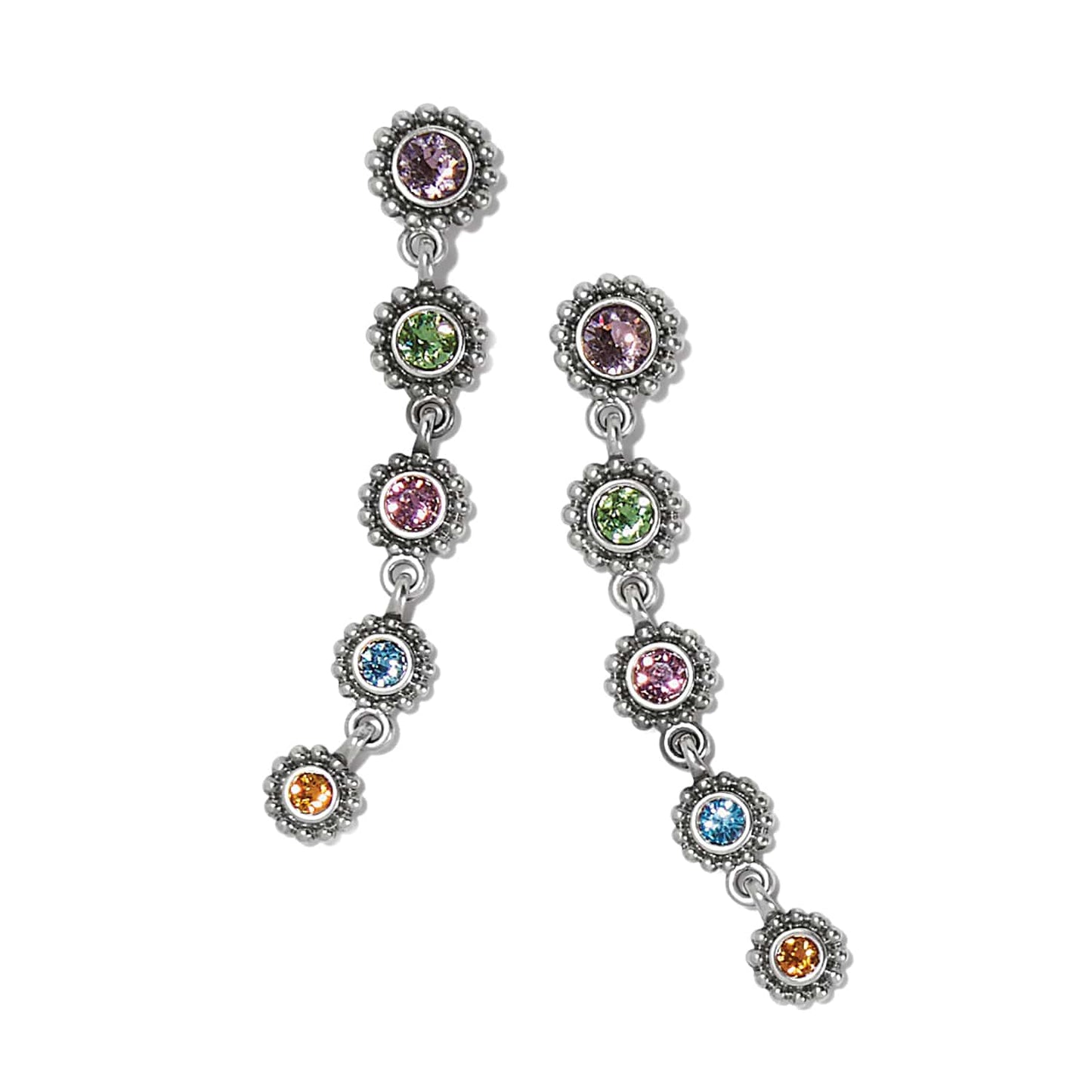 Brighton drop earrings with multicolored crystals in silver-plated beaded bezels linked in a cascade on a white background