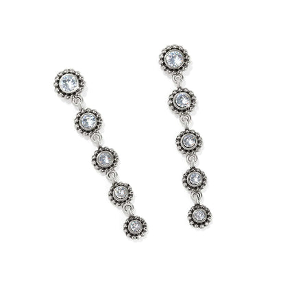Brighton drop earrings with silver-plated beaded floral links and crystal centers cascading in a line on a white background