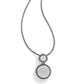 Brighton pendant necklace with silver-plated double round medallions, beaded borders, and snake chain on a white background