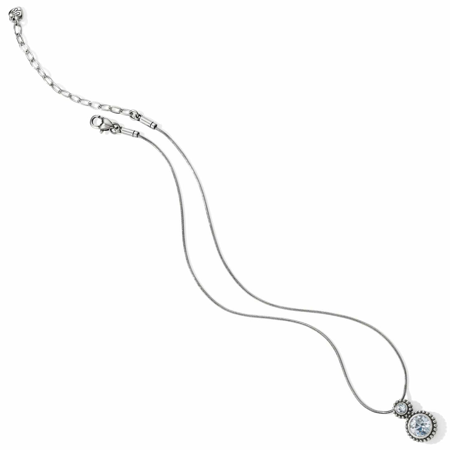Brighton silver-plated pendant necklace with round crystal centerpiece, beaded border, and adjustable chain on a white background