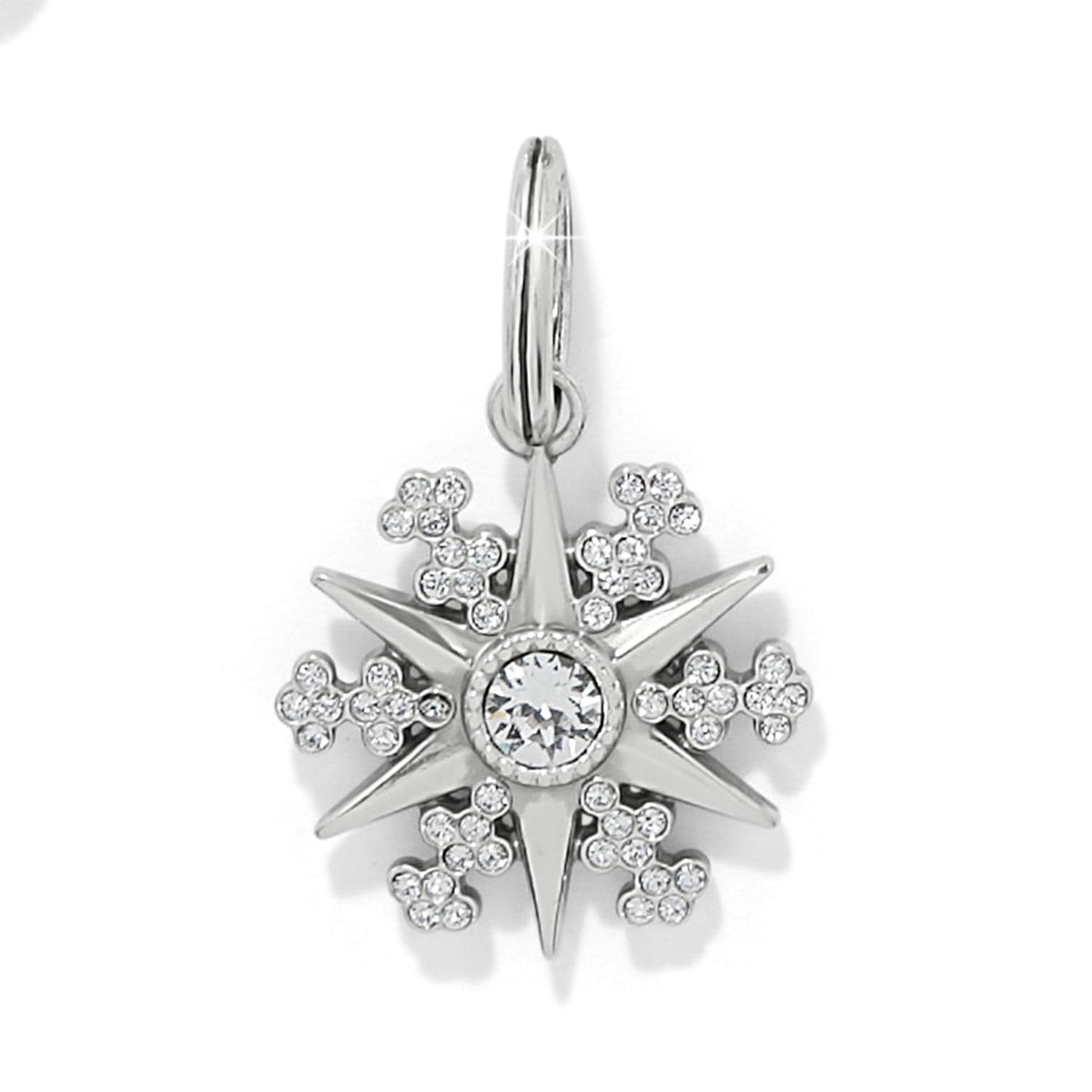 Brighton silver-plated snowflake charm with crystal center stone and crystal-studded accents on a white background