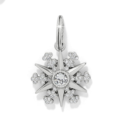 Brighton silver-plated snowflake charm with crystal center stone and crystal-studded accents on a white background
