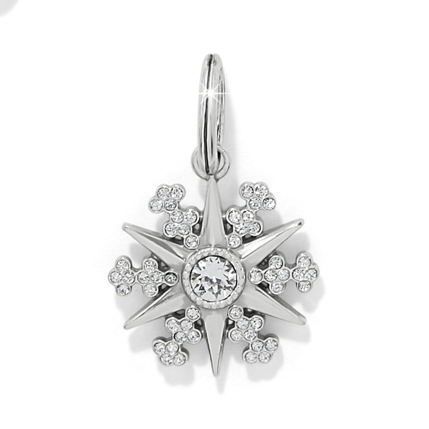 Brighton silver-plated snowflake charm with crystal center stone and crystal-studded accents on a white background