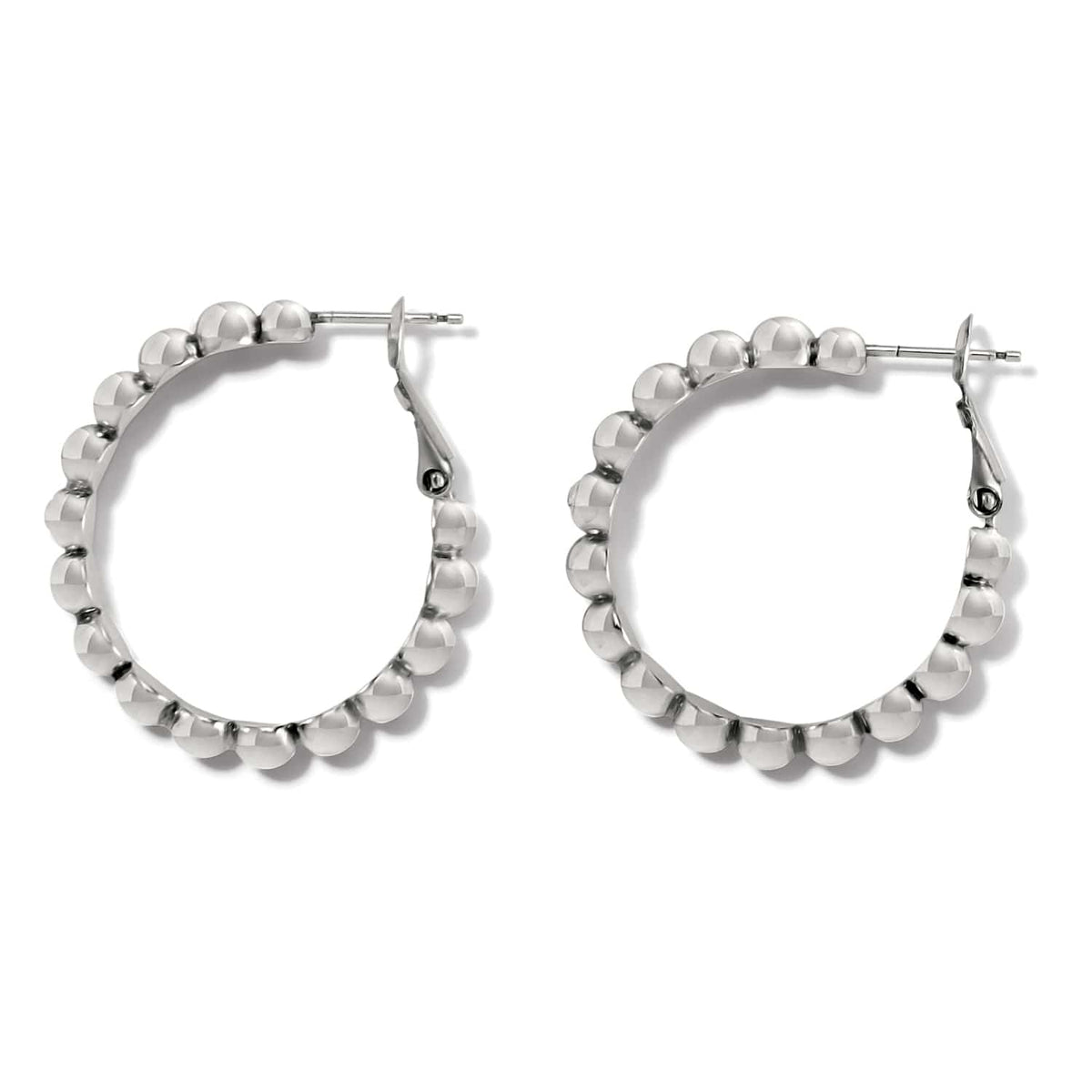 Brighton hoop earrings with silver-plated beaded design and hinged post closures on a white background