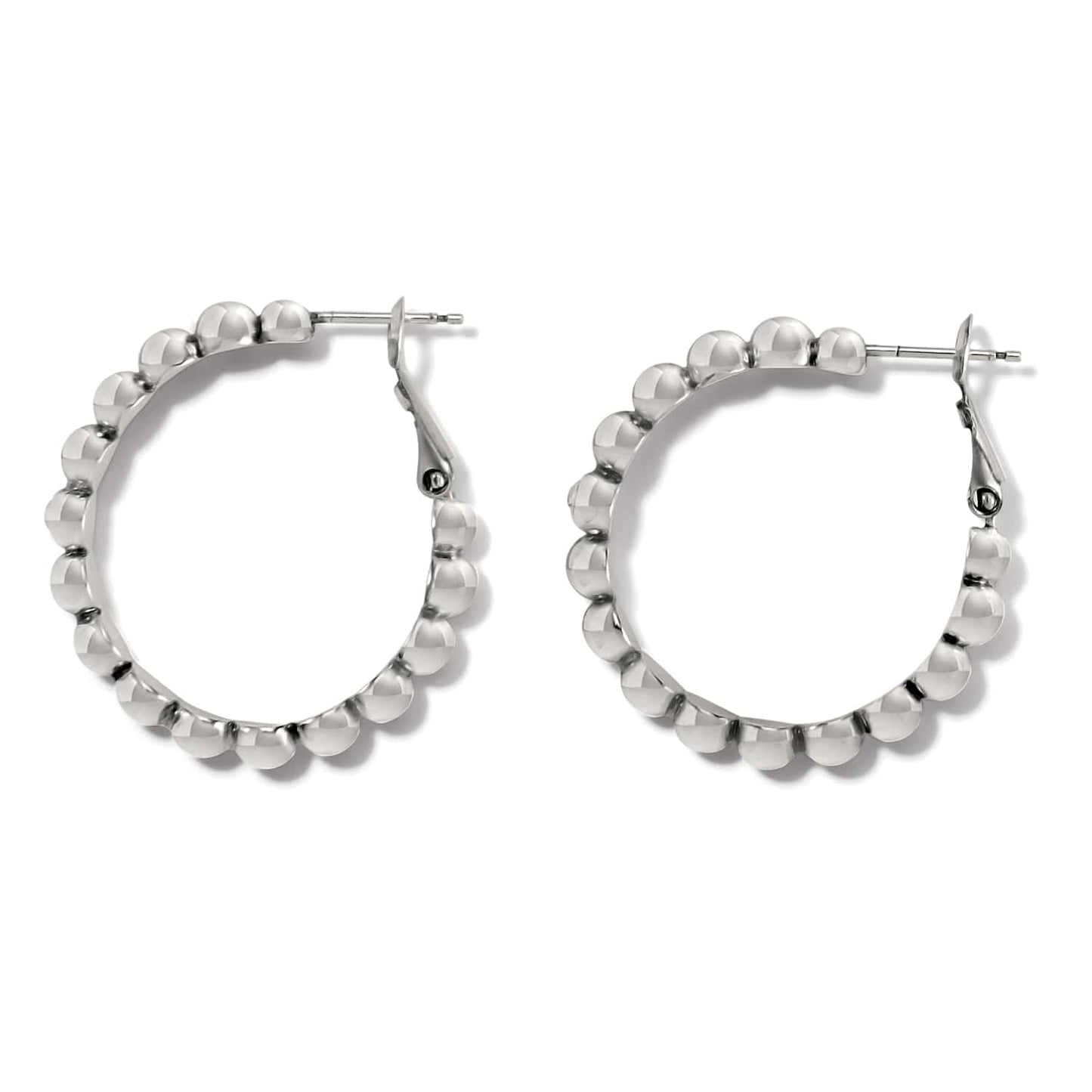 Brighton hoop earrings with silver-plated beaded design and hinged post closures on a white background