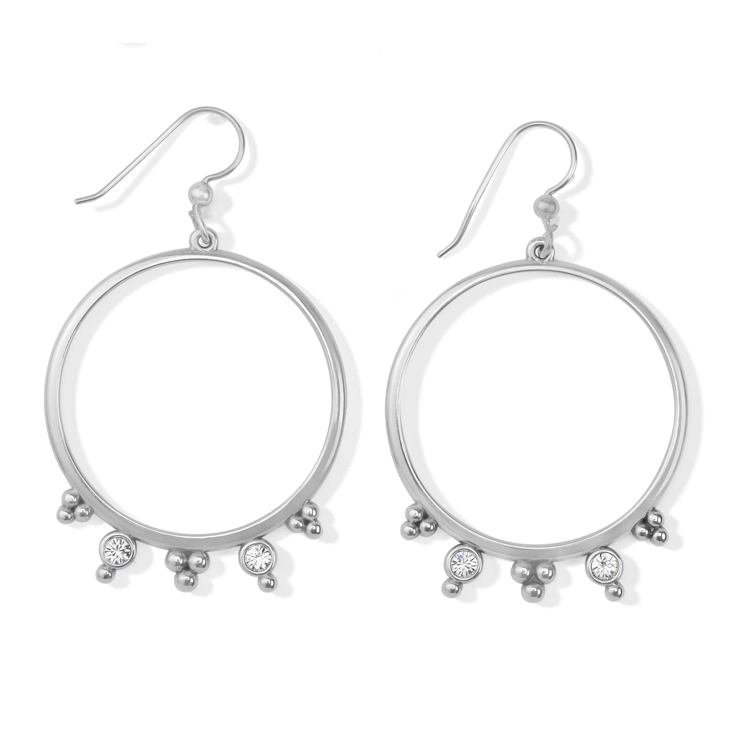 Brighton hoop drop earrings with silver-plated beaded accents and crystal details on a white background