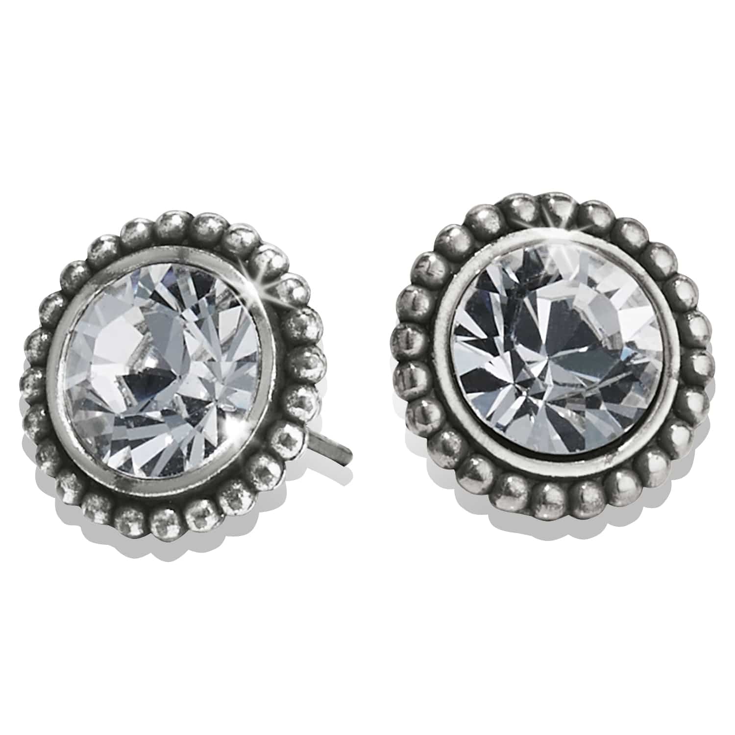 Brighton stud earrings with round crystals framed by silver-plated beaded edges on a white background