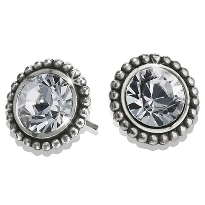 Brighton stud earrings with round crystals framed by silver-plated beaded edges on a white background