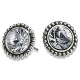 Brighton stud earrings with round crystals framed by silver-plated beaded edges on a white background