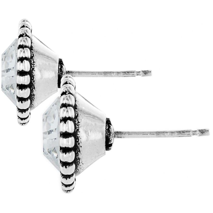 Brighton stud earrings with faceted crystals and silver-plated beaded frames shown from the side on a white background
