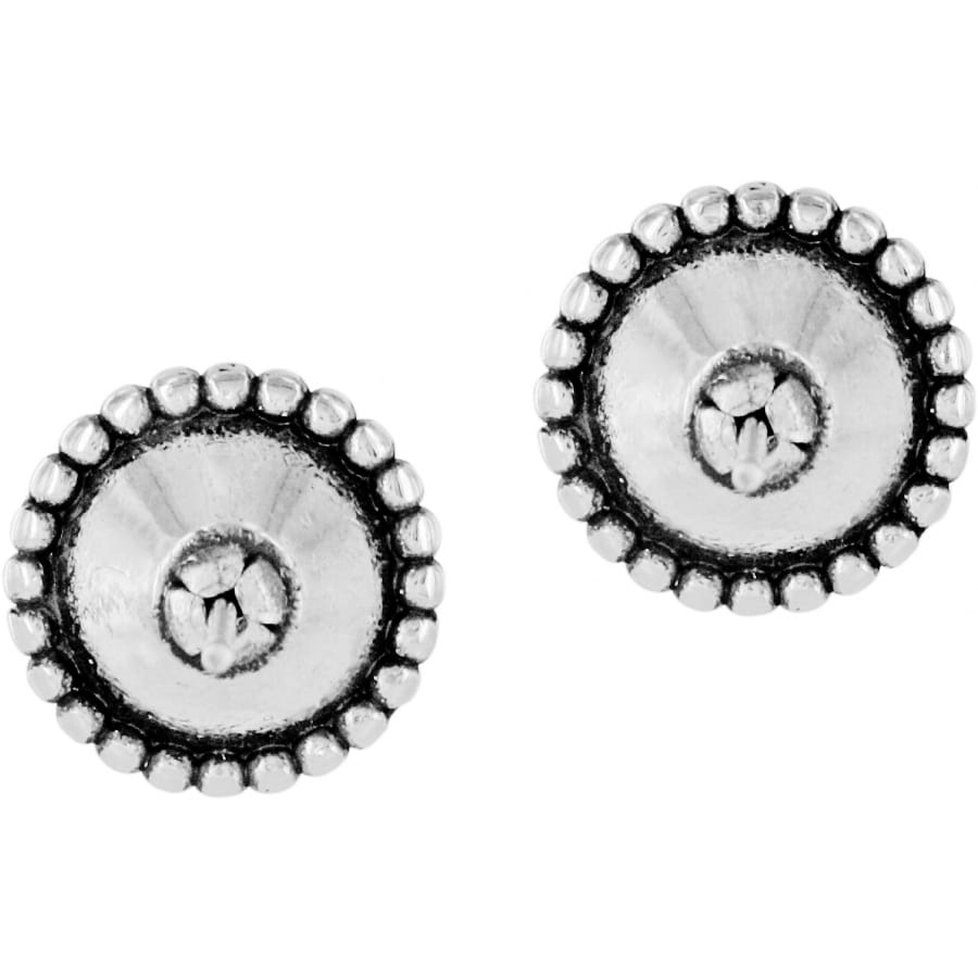 Brighton stud earrings with silver-plated beaded edge and concave center with crystal accent on a white background