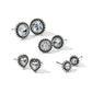 Brighton stud earrings set with round and heart-shaped crystals in silver-plated beaded frames on a white background