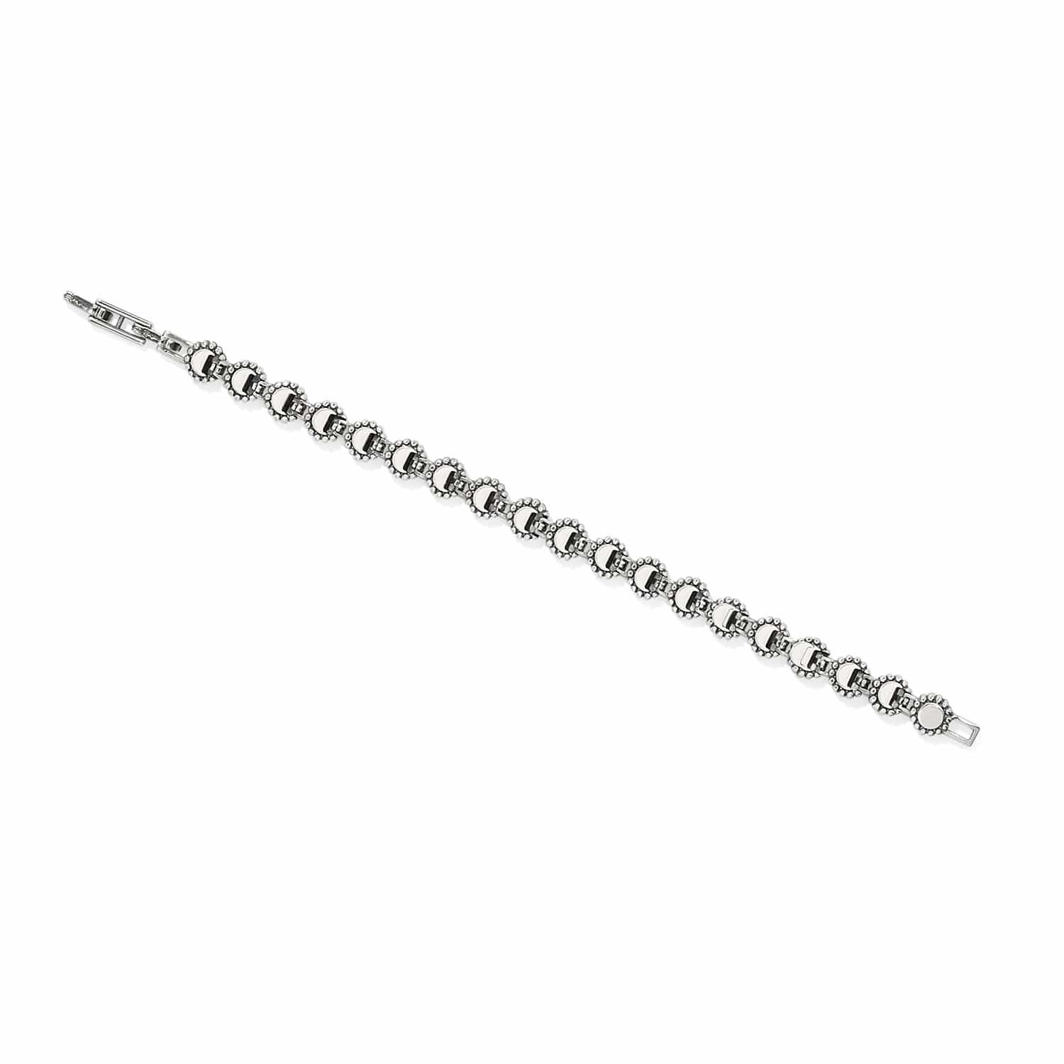 Brighton bracelet with silver-plated beaded circular links and fold-over clasp shown fully extended on a white background