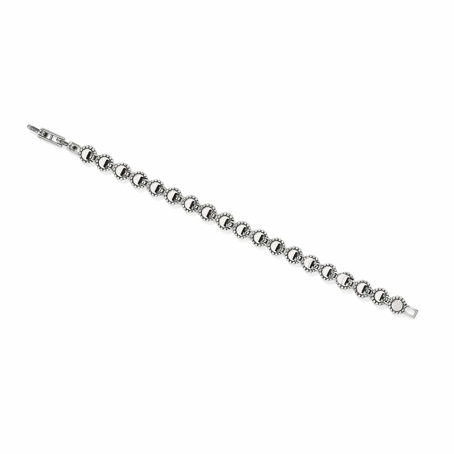 Brighton bracelet with silver-plated beaded circular links and fold-over clasp shown fully extended on a white background