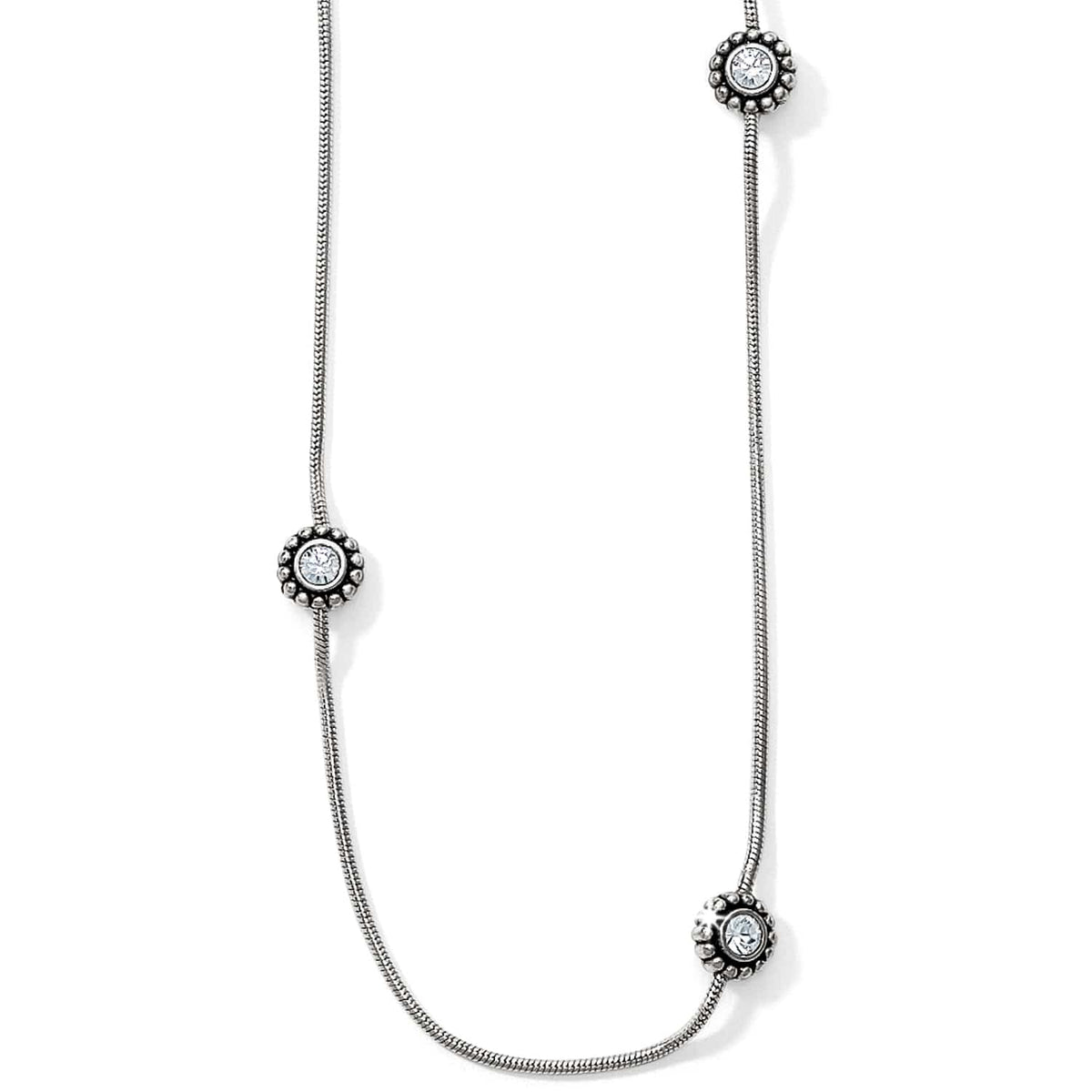 Brighton silver-plated station necklace with three round crystal accents framed by beaded detailing on a white background