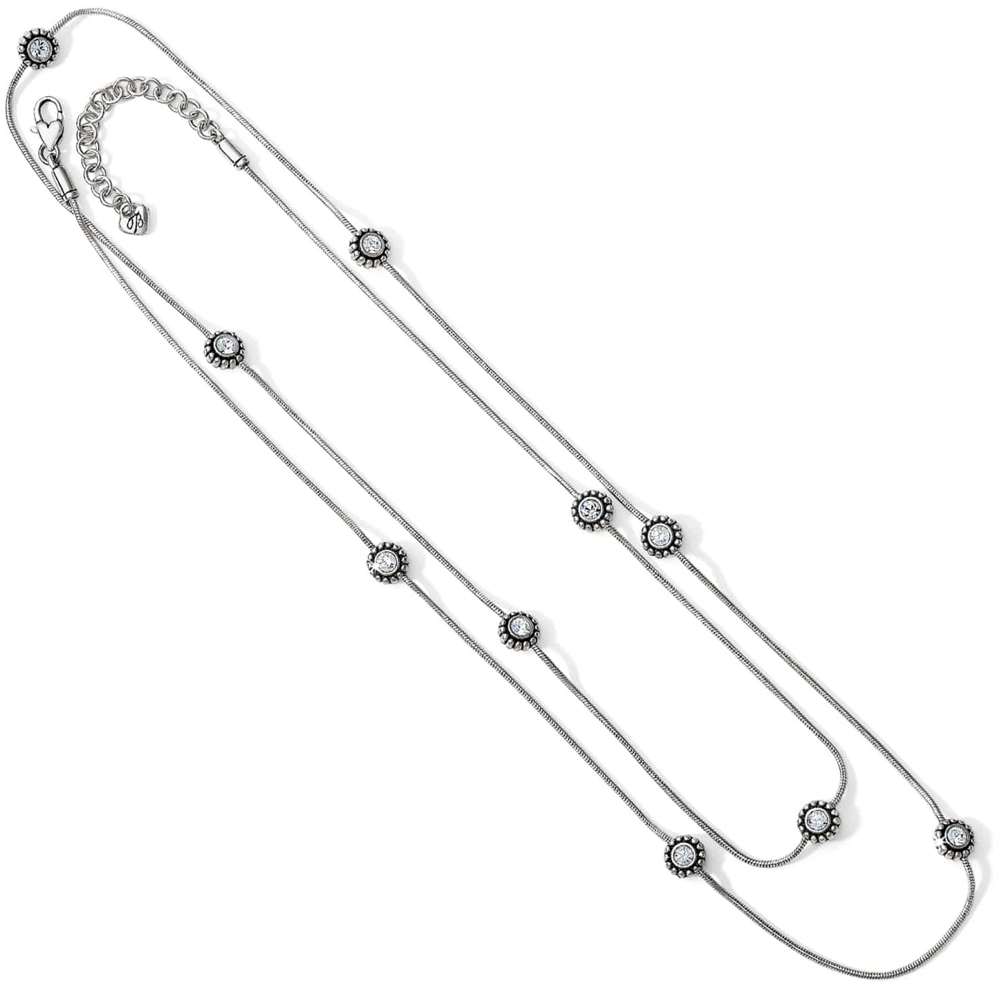 Brighton long station necklace with silver-plated snake chain and crystal accents throughout on a white background