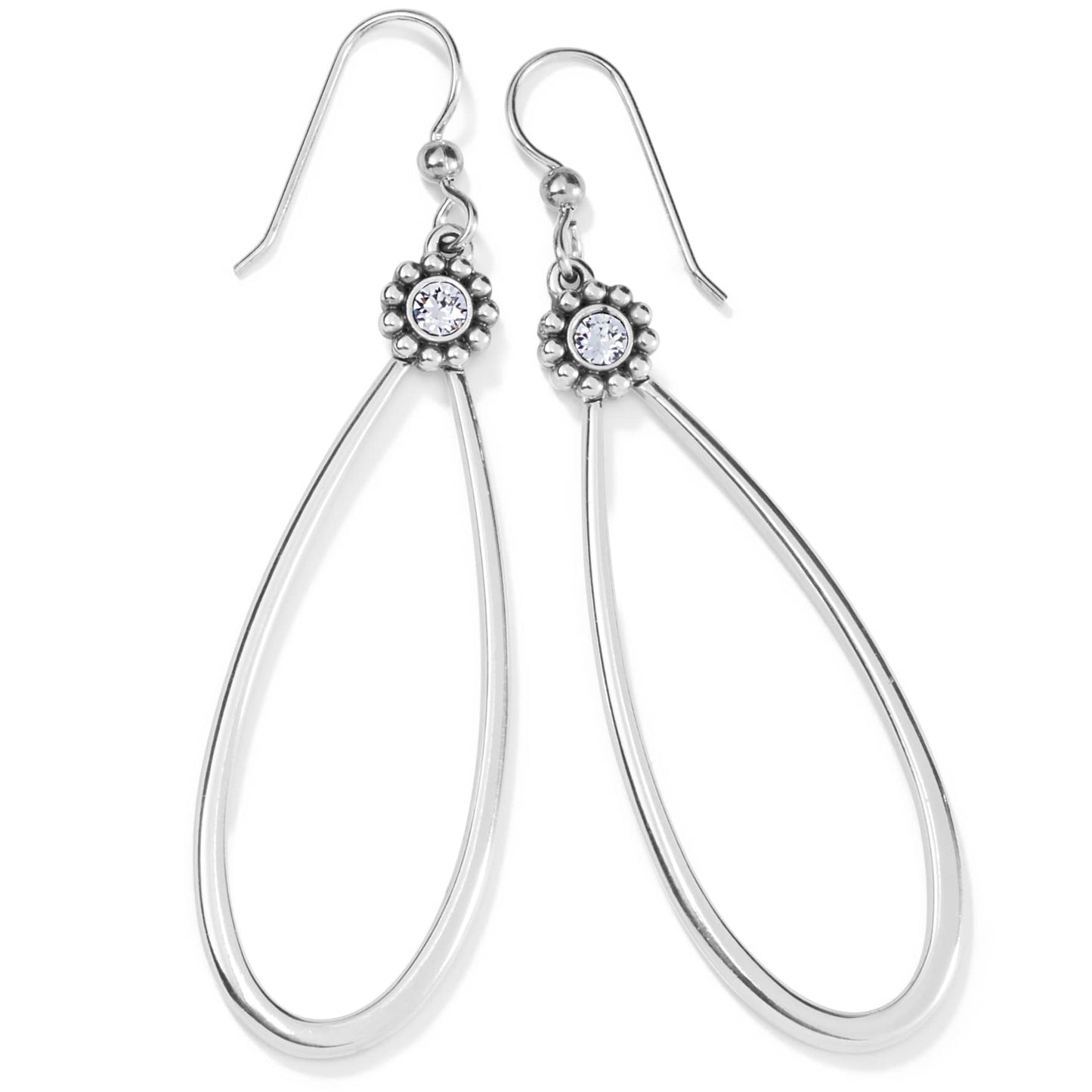 Brighton drop earrings with silver-plated teardrop loops and beaded crystal accents on a white background