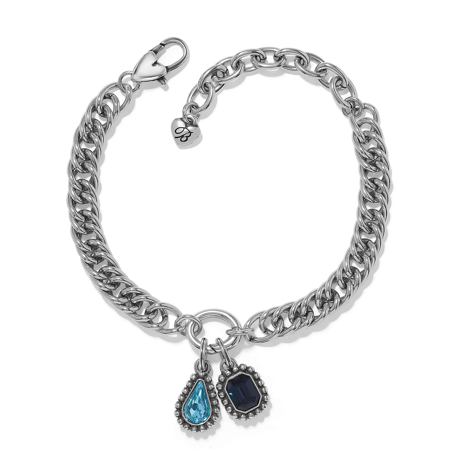 Brighton silver-plated chain bracelet with blue teardrop crystal and dark blue faceted crystal charms on a white background