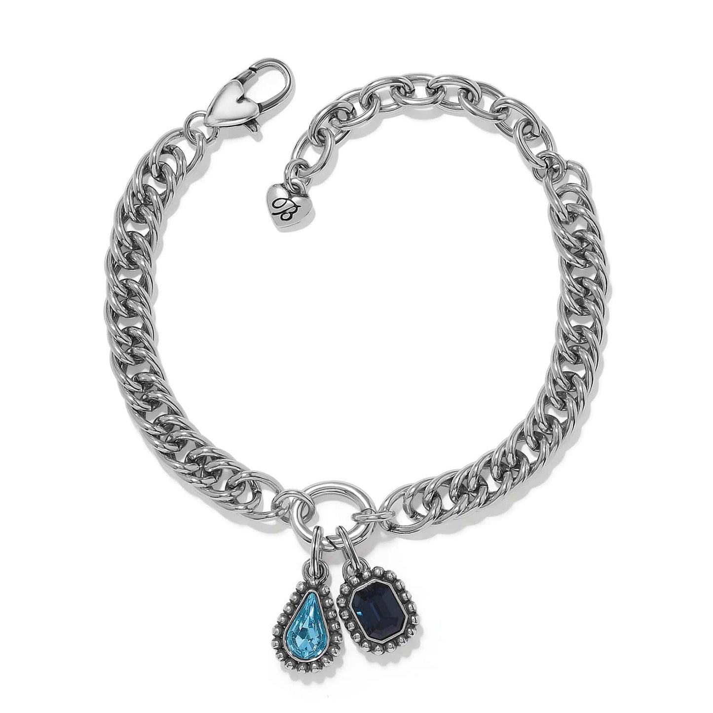 Brighton silver-plated chain bracelet with blue teardrop crystal and dark blue faceted crystal charms on a white background
