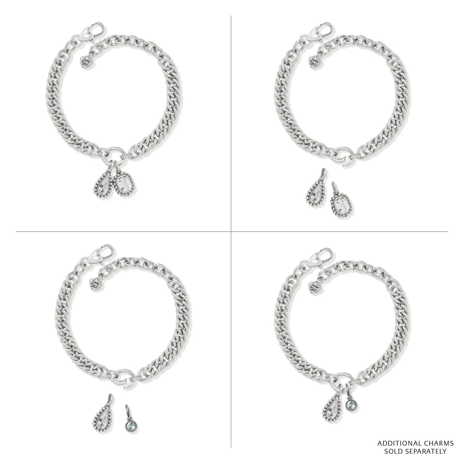 Brighton silver-plated curb chain bracelets shown with interchangeable crystal teardrop and round charms on a white background