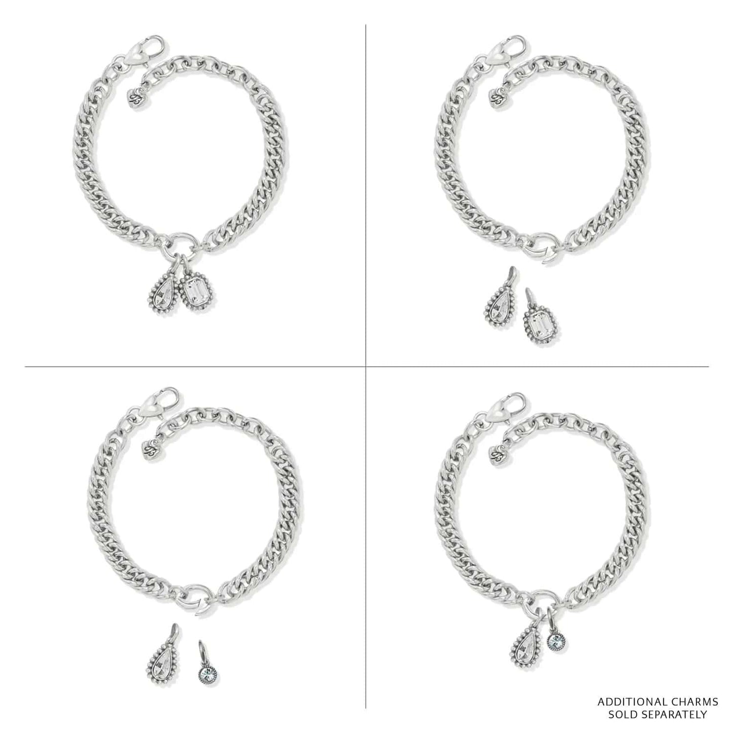 Brighton silver-plated curb chain bracelets shown with interchangeable crystal teardrop and round charms on a white background