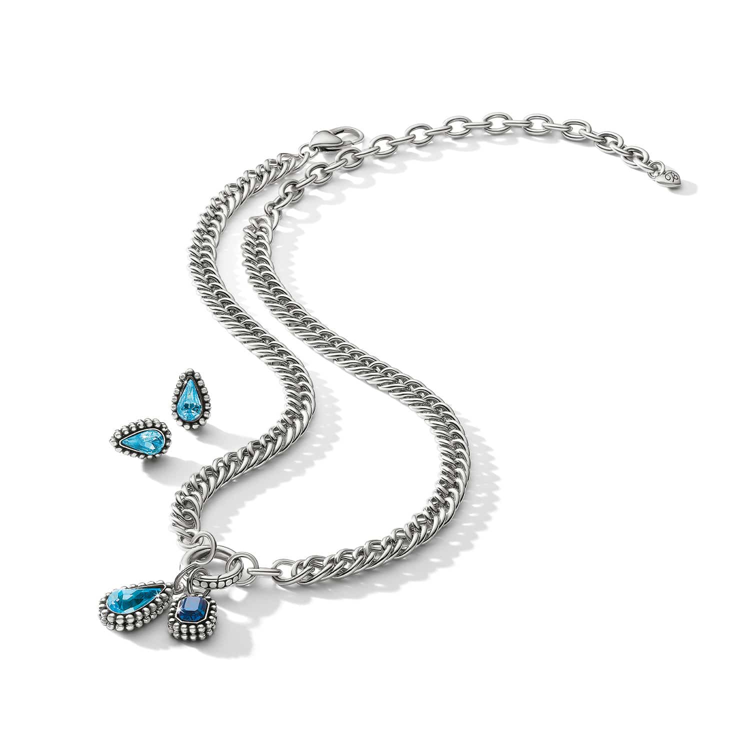 Brighton silver-plated chain necklace with blue crystal teardrop pendants and matching stud earrings on a white background