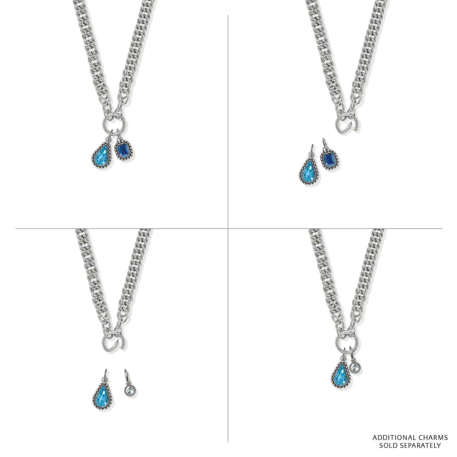 Brighton silver-plated curb chain necklace shown with interchangeable blue crystal teardrop and rectangular charms on a white background