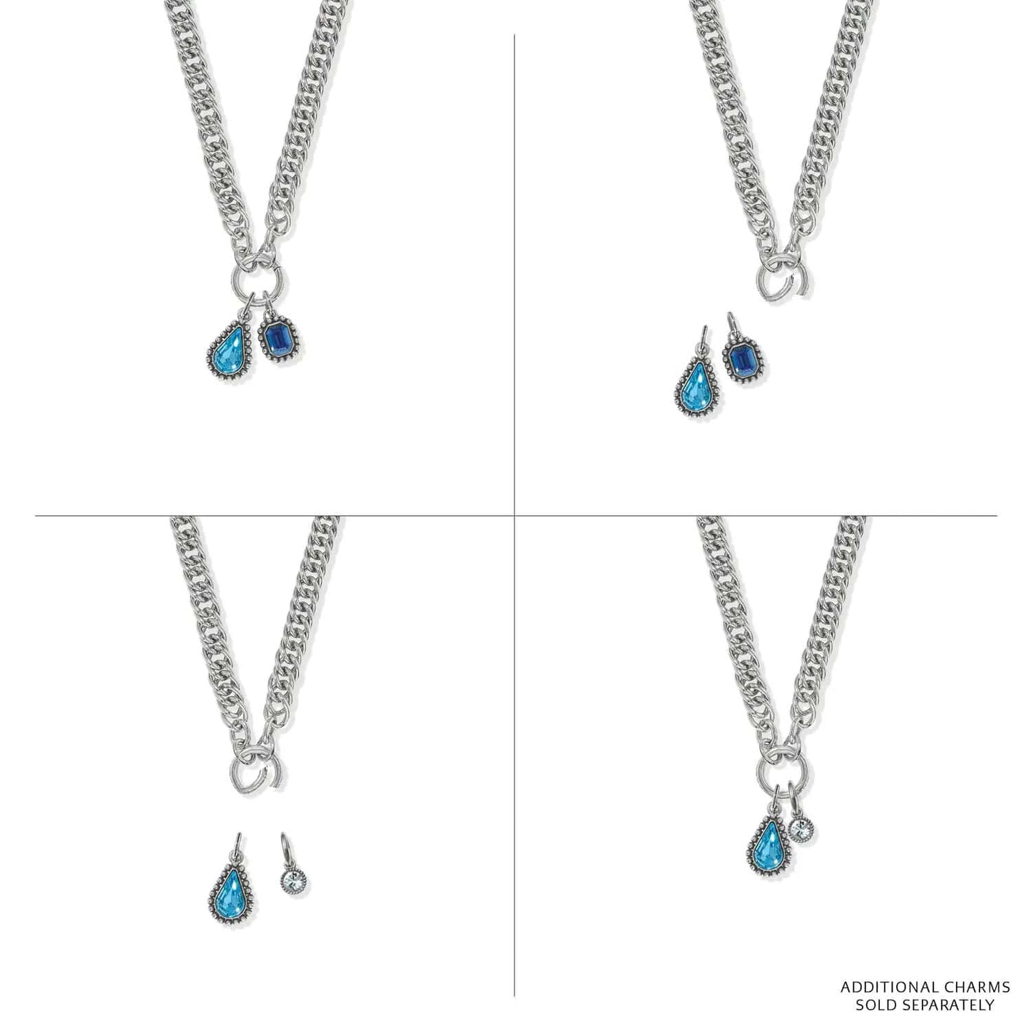 Brighton silver-plated curb chain necklace shown with interchangeable blue crystal teardrop and rectangular charms on a white background